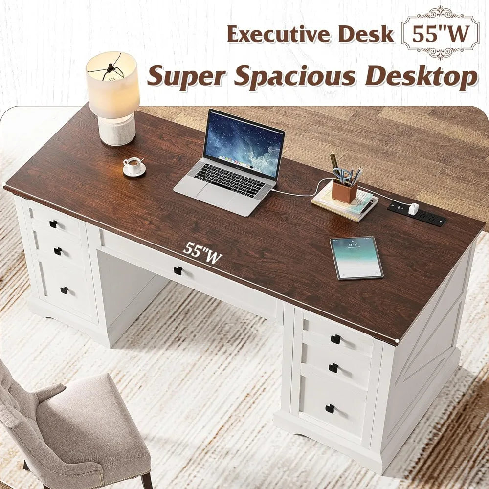 Rustic Farmhouse Executive Desk With Power Outlets And Storage