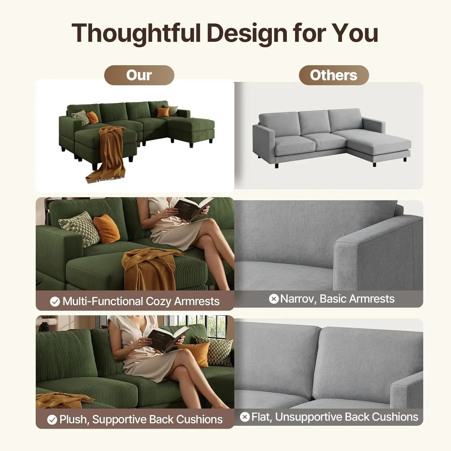 U Shaped Sectional Sofa With Two Ottomans Modern Home Furniture