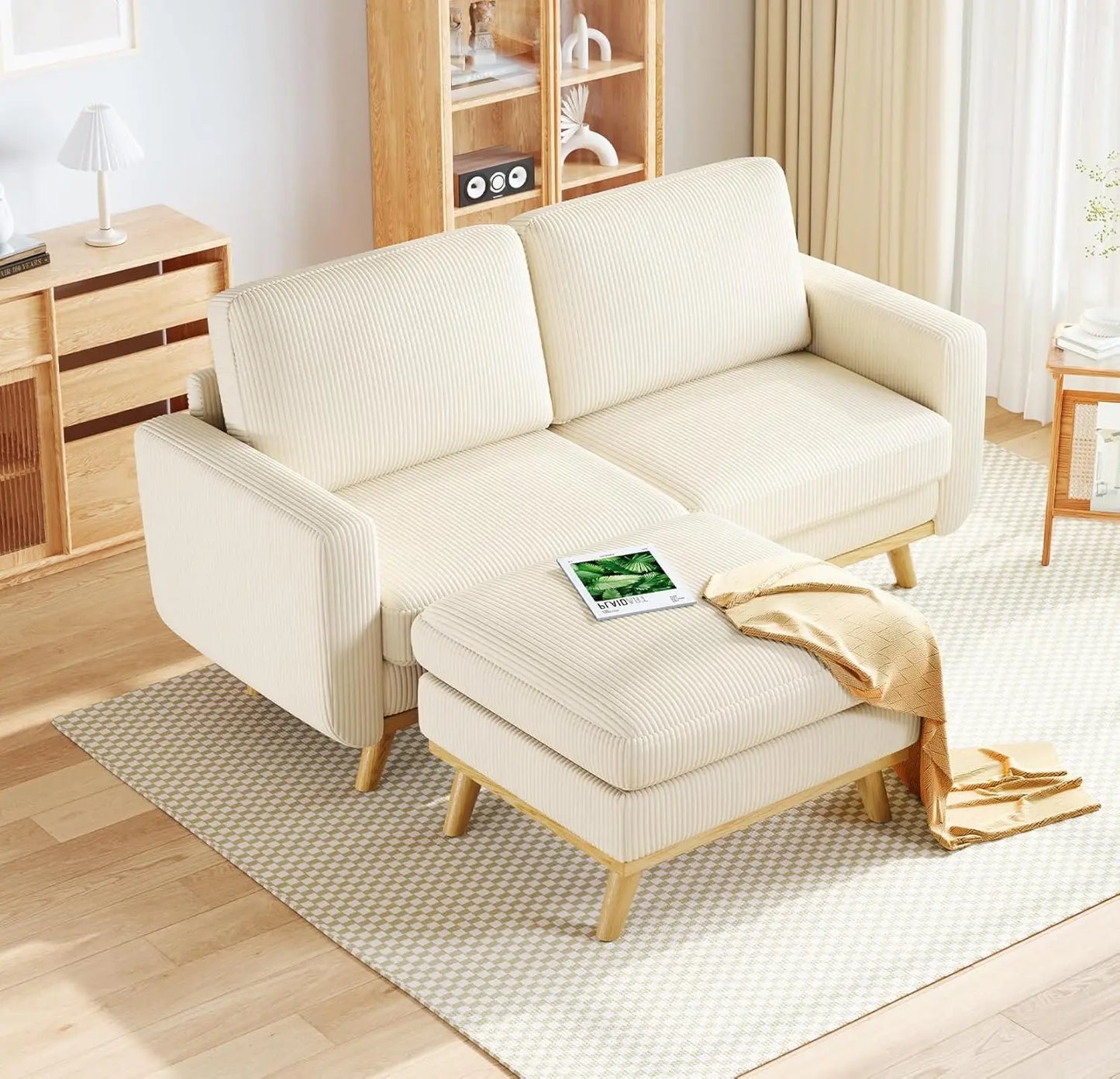 Corduroy Loveseat Sofa With Spring Cushion And Solid Wood Frame