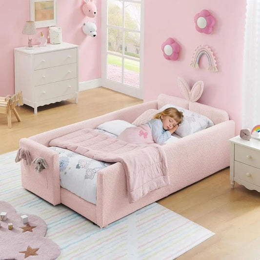 Kids Upholstered Daybed Floor Bed Safety Rails Rabbit Ear Headboard