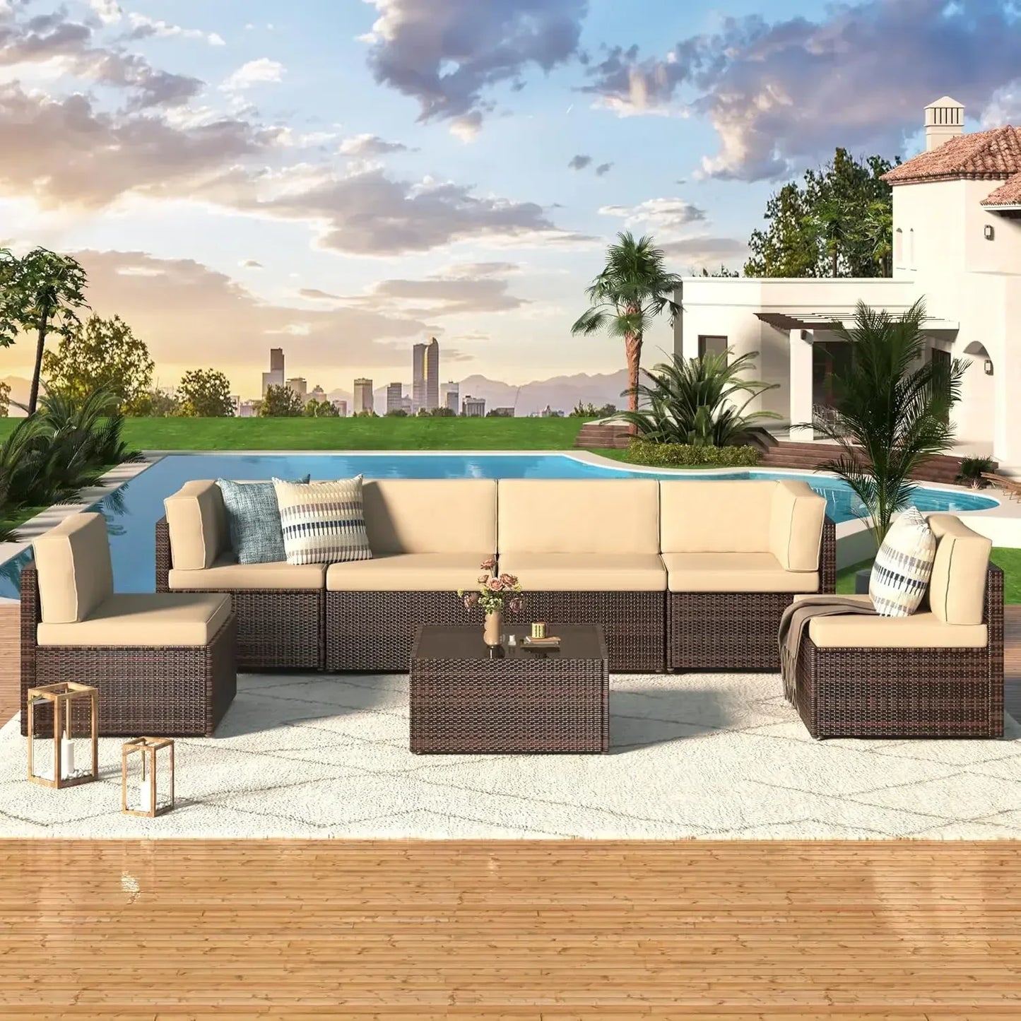 PE Rattan Outdoor Patio Sectional Furniture Set With Cushions