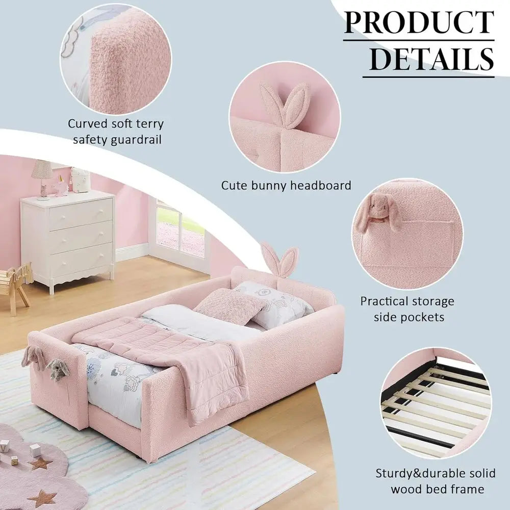 Kids Upholstered Daybed Floor Bed Safety Rails Rabbit Ear Headboard