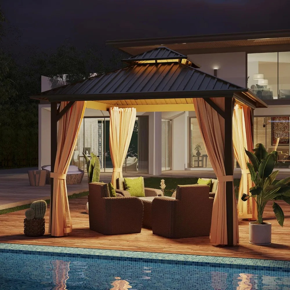 Hardtop Gazebo With Dual Layer Galvanized Metal Roof Netting Curtains