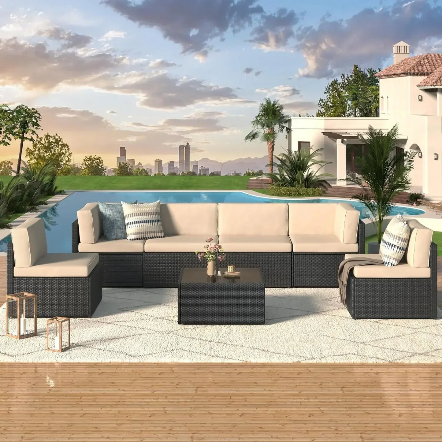 PE Rattan Outdoor Patio Sectional Furniture Set With Cushions