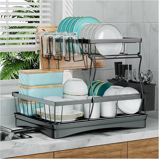 Kitchen Countertop Large Dish Drying Rack Removable High-Capacity Dish Drainer Double-Layer Dish Rack With Cutlery Storage Tray