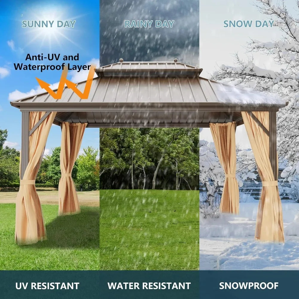 Hardtop Gazebo With Dual Layer Galvanized Metal Roof Netting Curtains