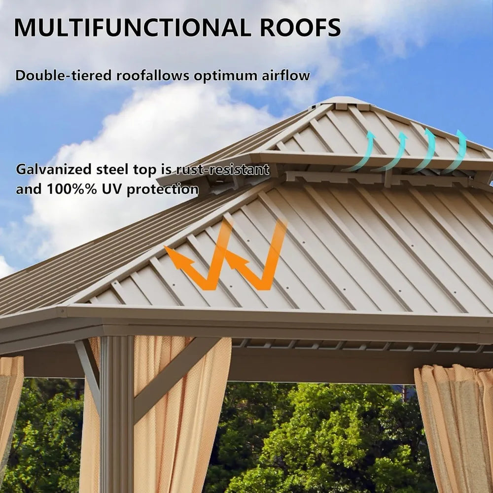 Hardtop Gazebo With Dual Layer Galvanized Metal Roof Netting Curtains