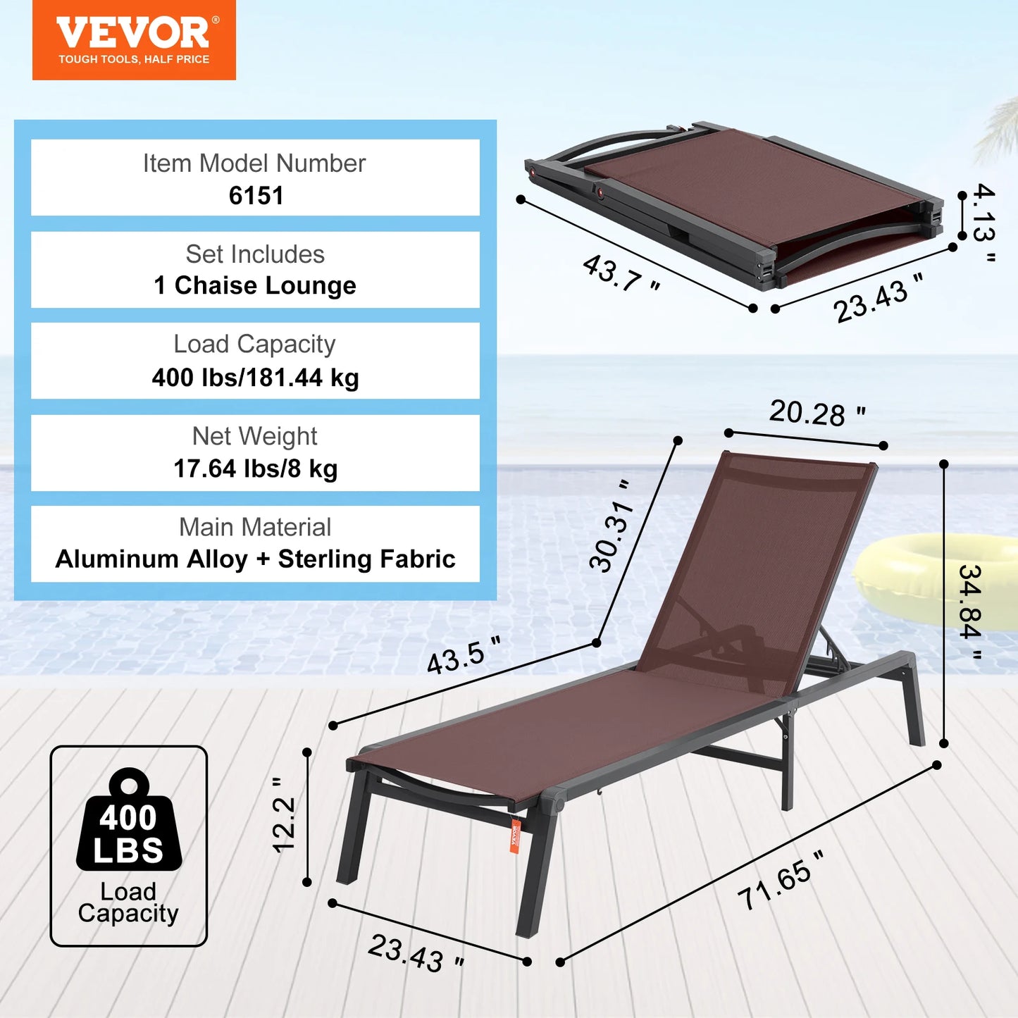 Chaise Lounge Chair Outdoor Aluminum Patio Folding Pool Recliner
