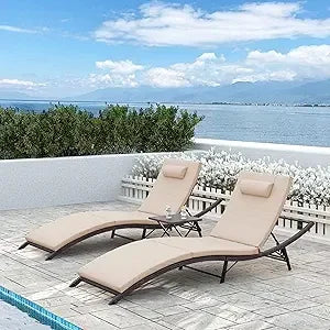 Outdoor Rattan Patio Chaise Lounge Set With Folding Table