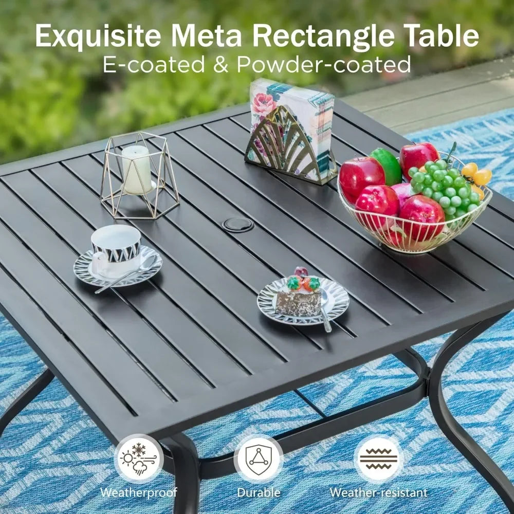 Outdoor Metal Dining Set With Umbrella And Cushioned Rattan Chairs