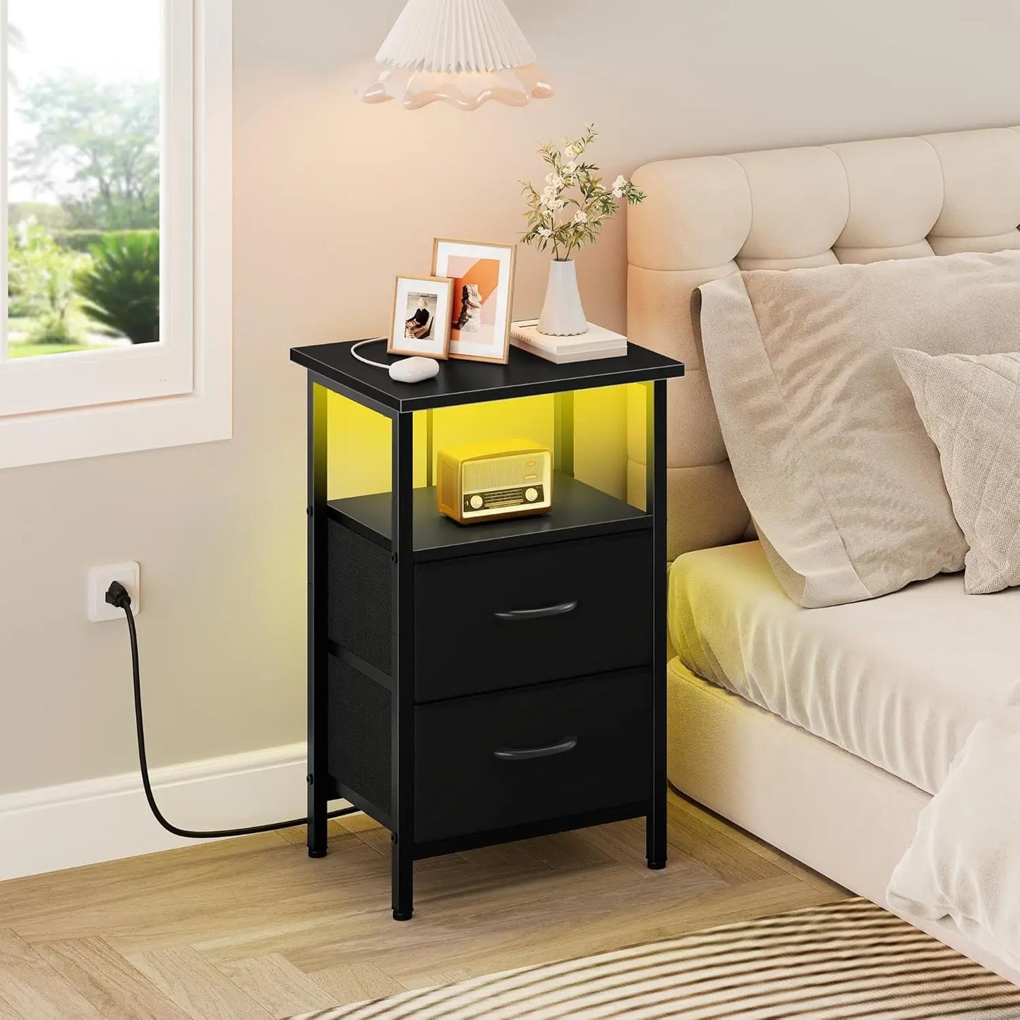 Two Piece Nightstand Set With LED Lights And Charging Station