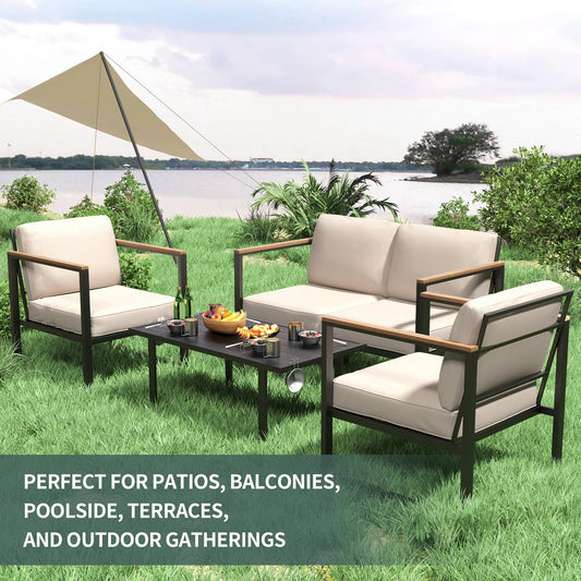 HiMISS Outdoor Patio Set With Metal Frame Sofa And Washable Cushions