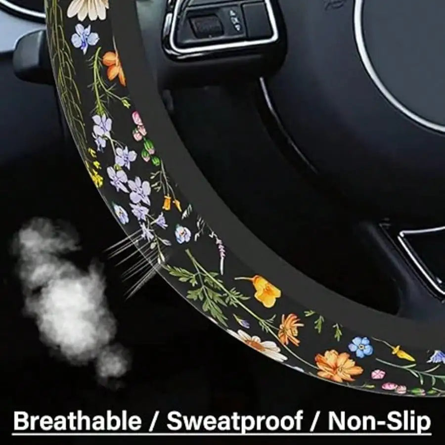 Floral Pattern Steering Wheel Cover for Car Interior Decor