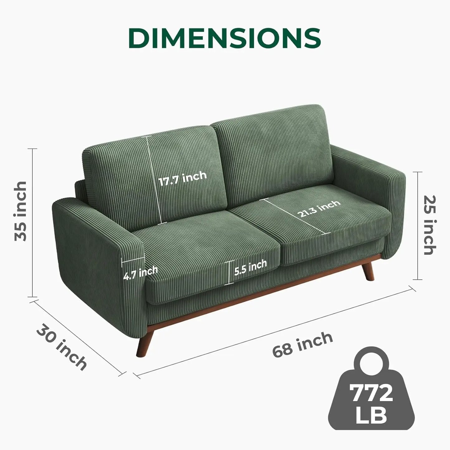 Corduroy Loveseat Sofa With Spring Cushion And Solid Wood Frame