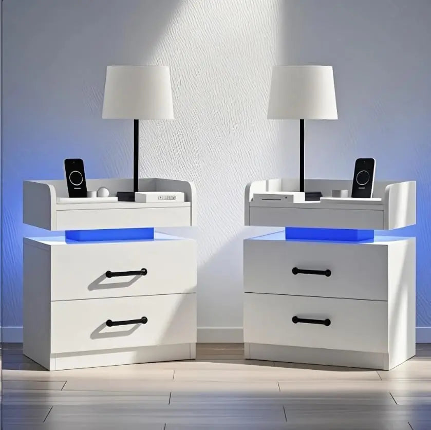 Nightstand Set With 2 Drawers Charging Station And LED