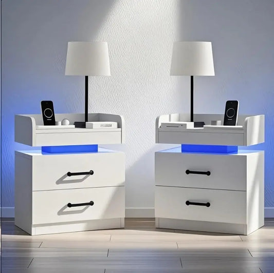Nightstand Set With 2 Drawers Charging Station And LED