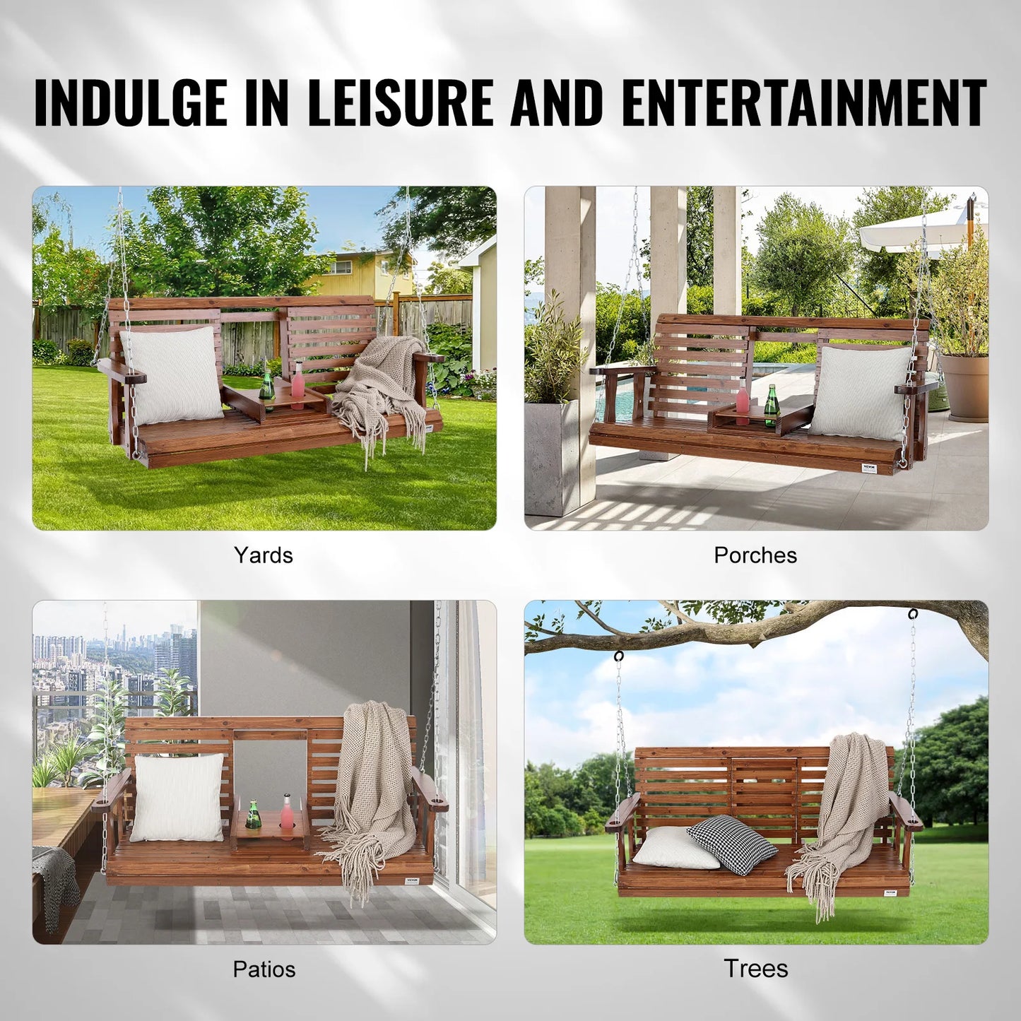 SucceBuy Cedar Wood Porch Swing With Steel Chains For Outdoor Patio