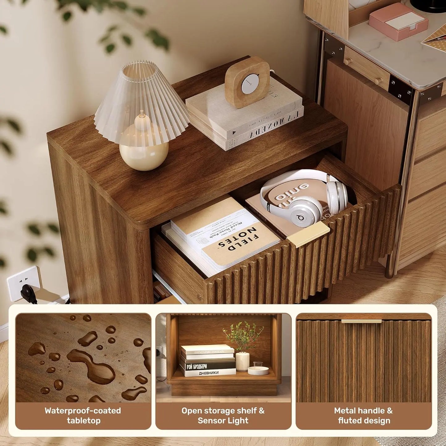 HUANZHUANG Fluted Nightstand With Charging Station Modern Bedside Table