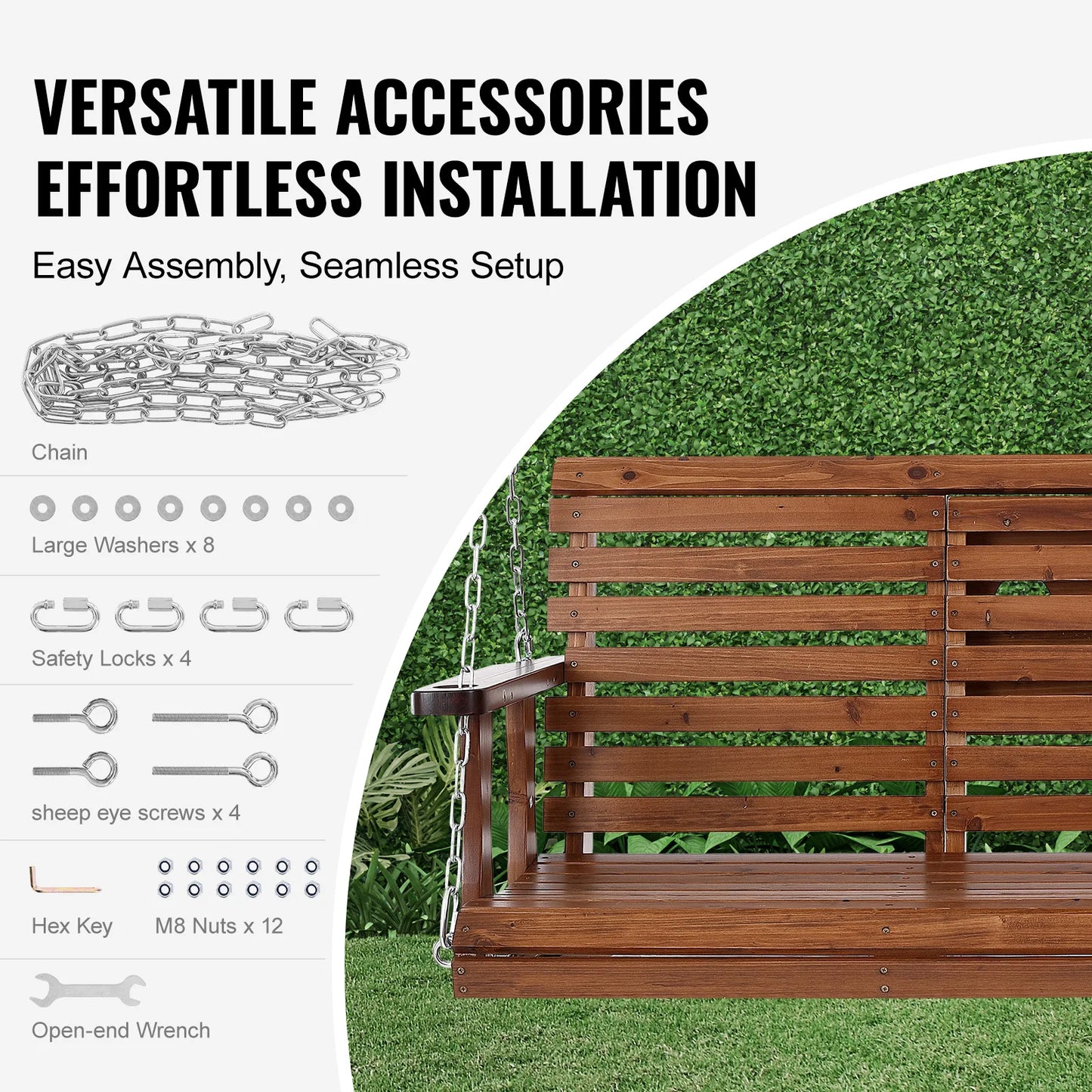 SucceBuy Cedar Wood Porch Swing With Steel Chains For Outdoor Patio