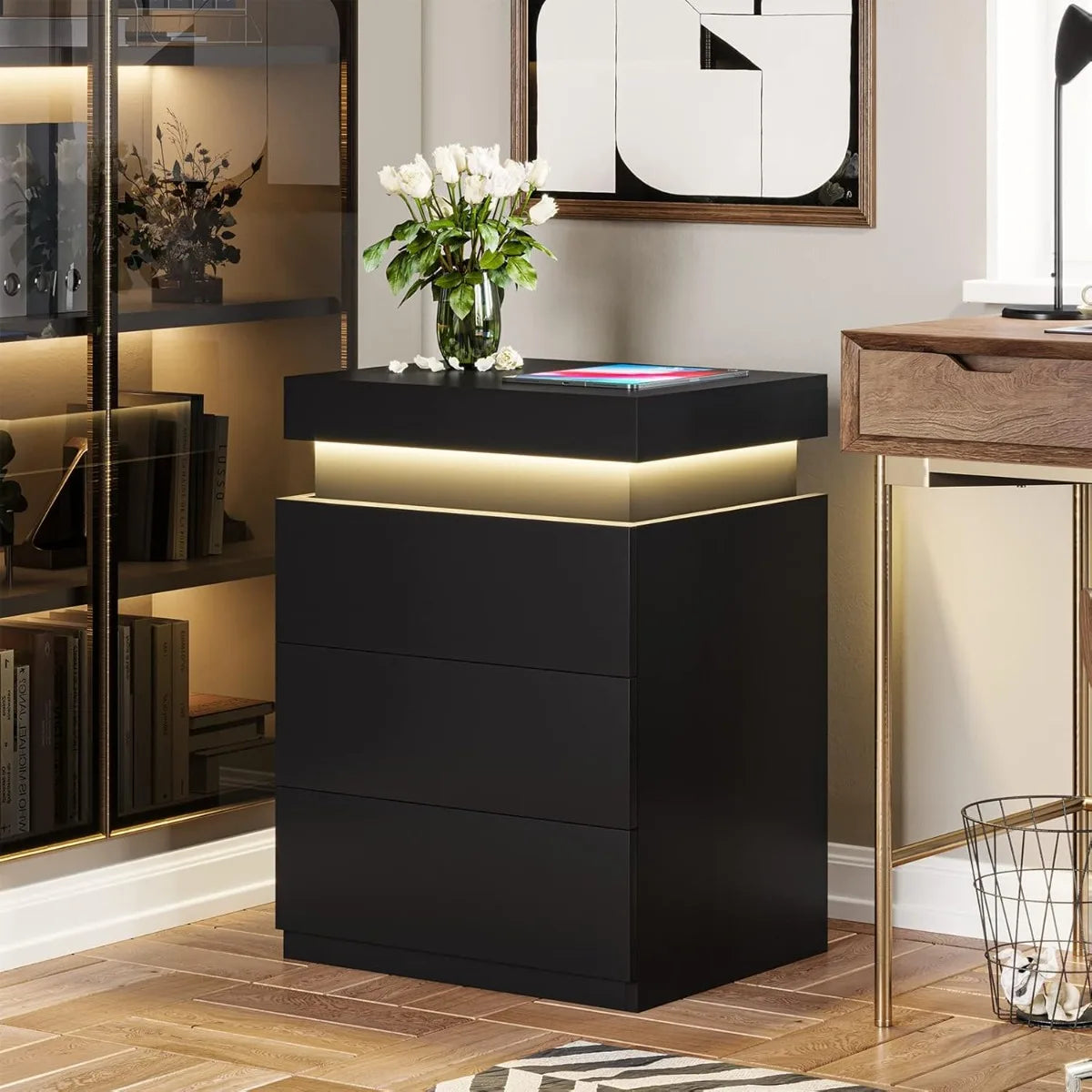 Nightstand With Wireless Charging And LED Lights Sliding Drawer Bedside Table