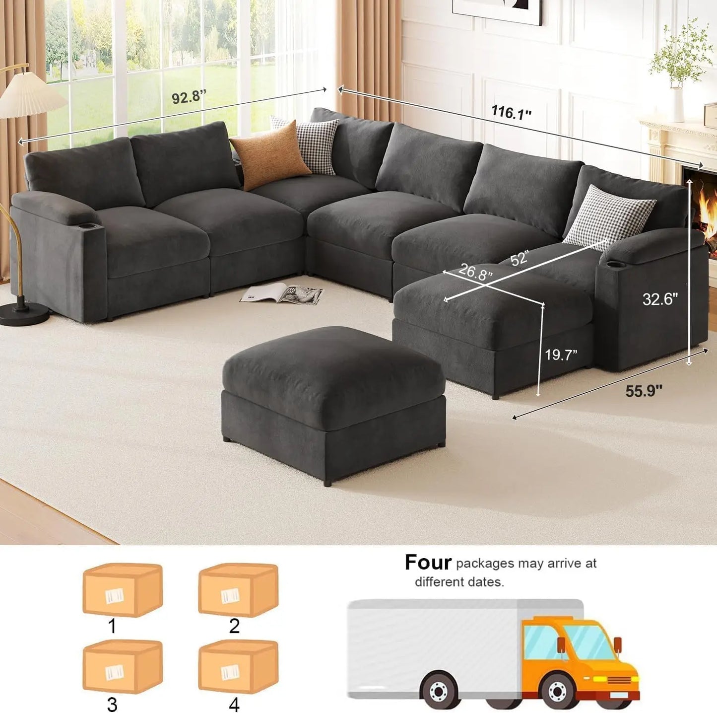 Velvet Modular Sectional Sofa U Shaped Convertible Sleeper Chaise