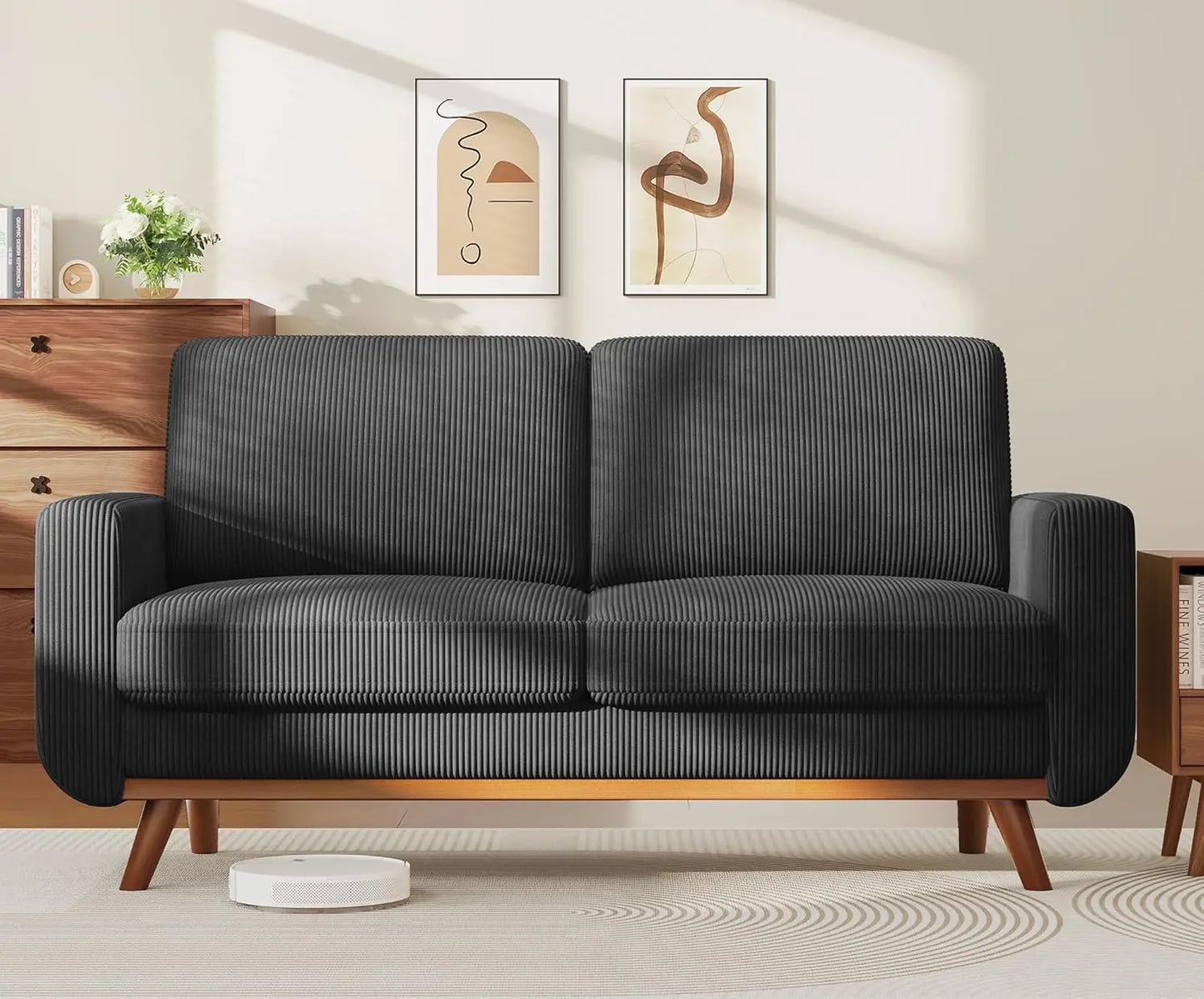 Corduroy Loveseat Sofa With Spring Cushion And Solid Wood Frame