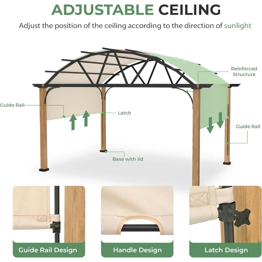 Wood Grain Aluminum Pergola With Retractable Canopy