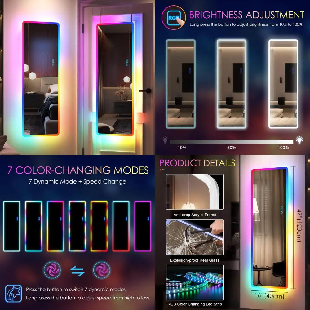 LED RGB Lighted Wall Mirror With Lights Over Door Hanging Mirror For Home