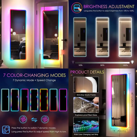 LED RGB Lighted Wall Mirror With Lights Over Door Hanging Mirror For Home