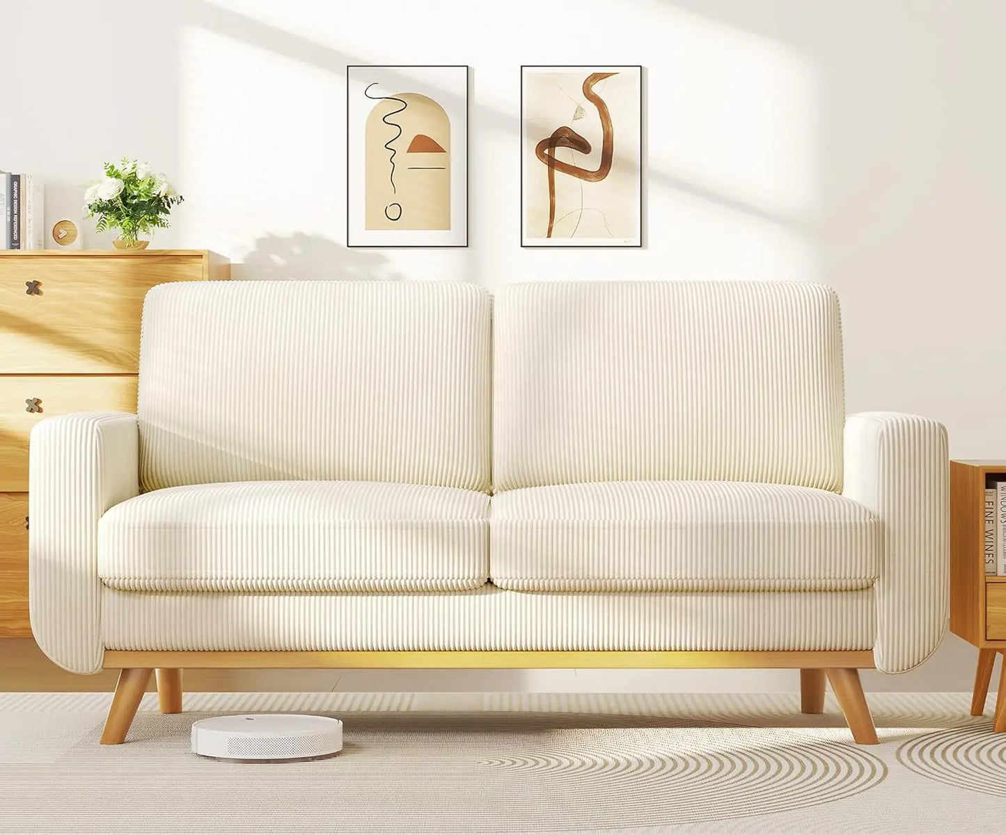 Corduroy Loveseat Sofa With Spring Cushion And Solid Wood Frame
