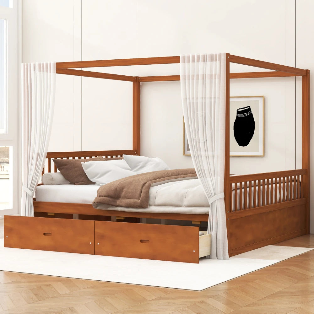 Wooden Canopy Bed With Builtin Storage Drawers For Bedroom