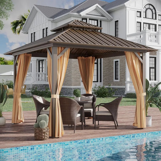 Hardtop Gazebo With Dual Layer Galvanized Metal Roof Netting Curtains