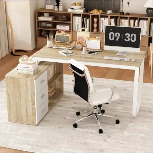 L-Shaped Oak and White Wood Computer Desk With 3 Drawers
