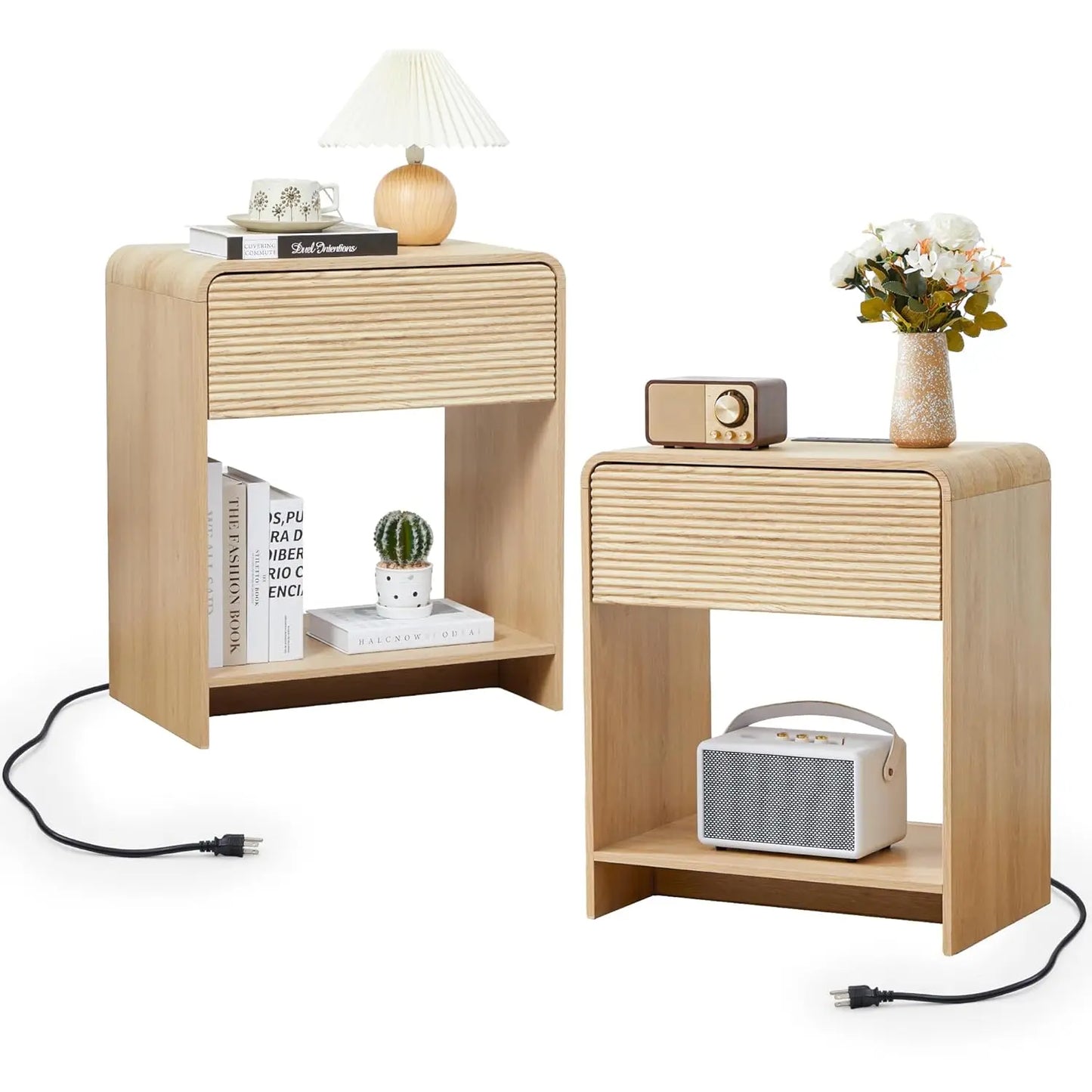Fluted Nightstand Set Of 2 With Charging Station And Drawer Storage