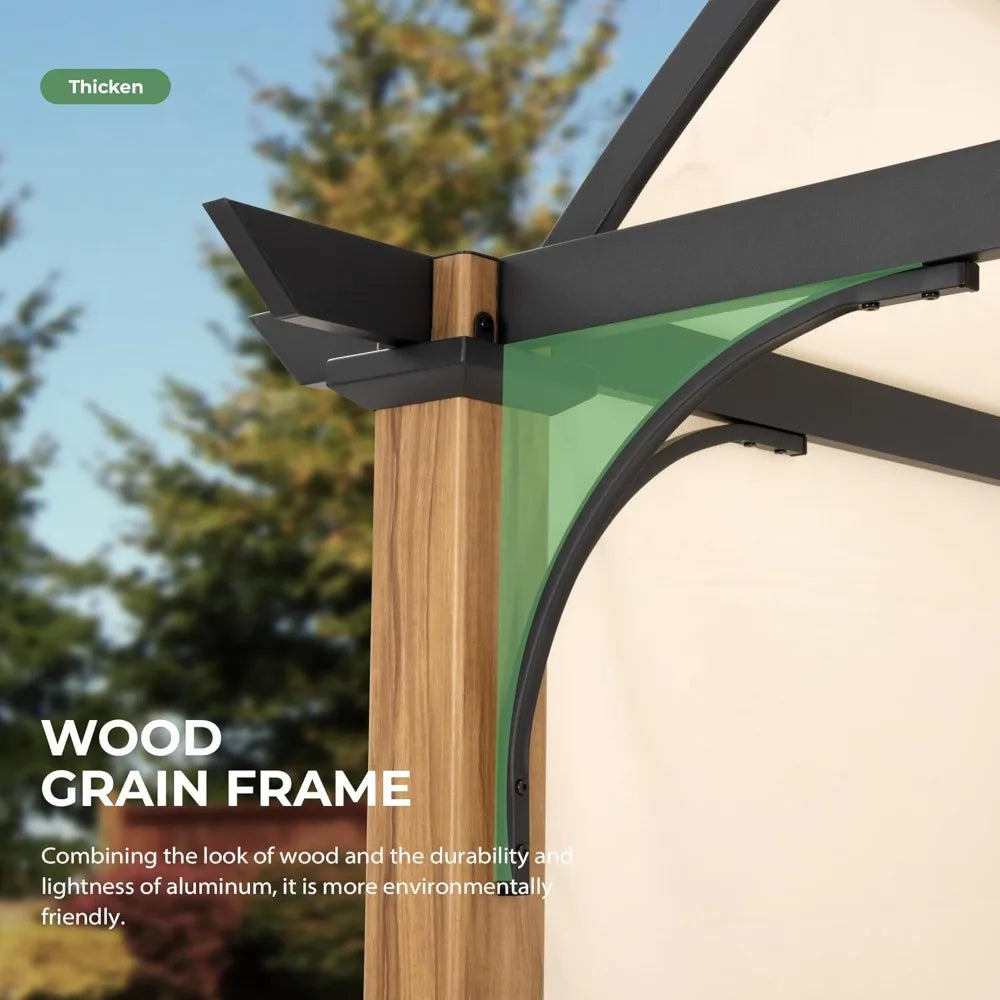 Wood Grain Aluminum Pergola With Retractable Canopy