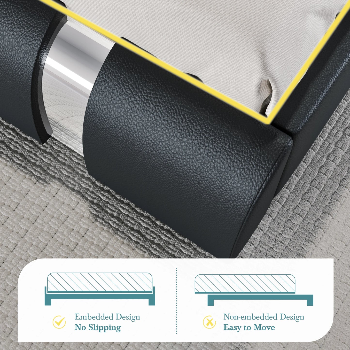 HOOMIC Modern Faux Leather Bed Frame With Iron Decor