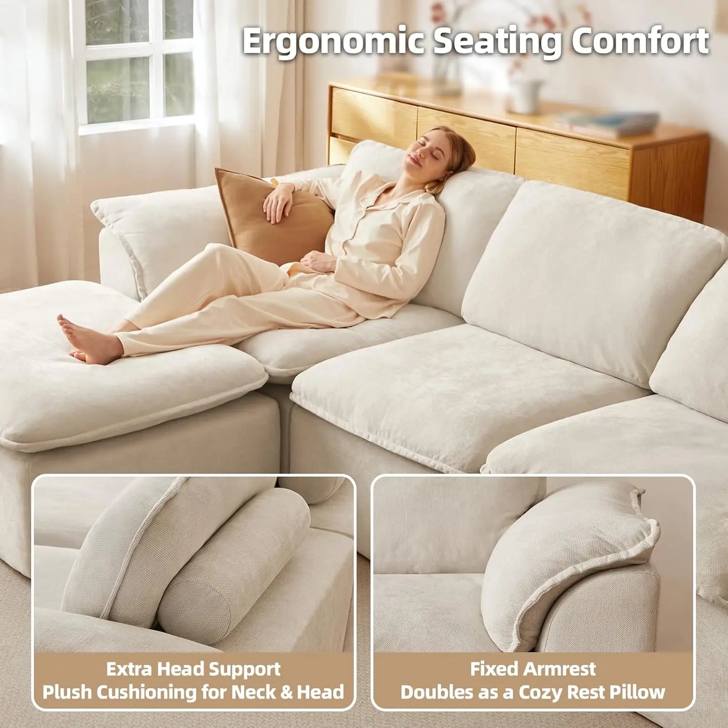 Cloud Couch Sectional Sofa With Moveable Ottoman And Padded Armrests