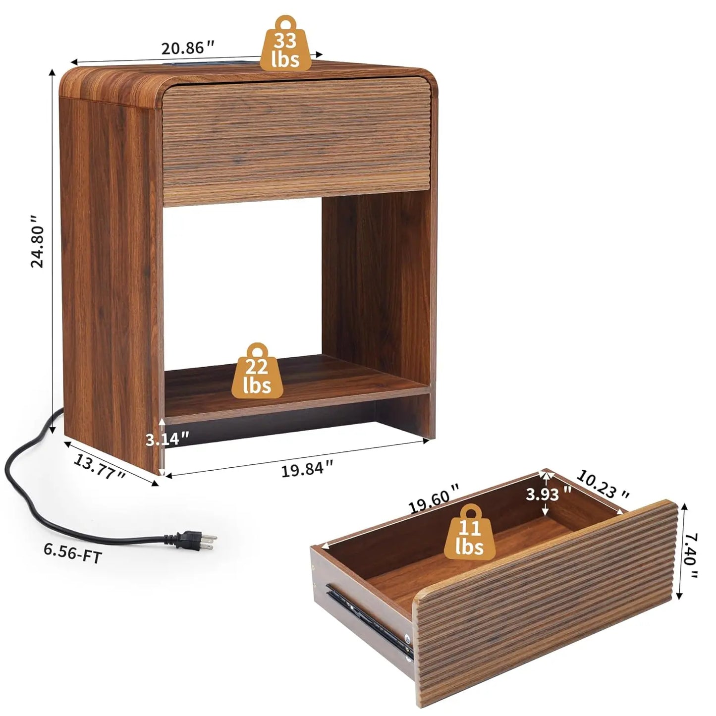 Fluted Nightstand Set Of 2 With Charging Station And Drawer Storage