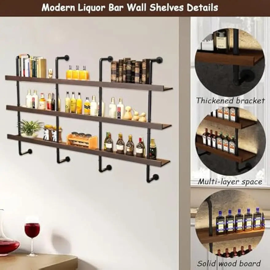 Three Tier Wall Mount Wine Rack With LED Lights