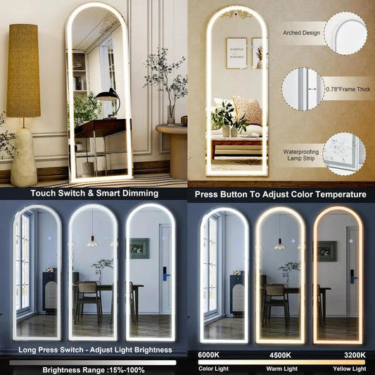 Arched Led Mirror With Dimmable Lights For Bedroom Cloakroom