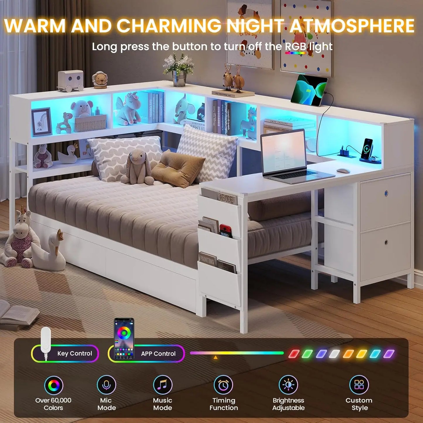 Corner Bed Frame With Desk Charging Station And Bookcase Storage