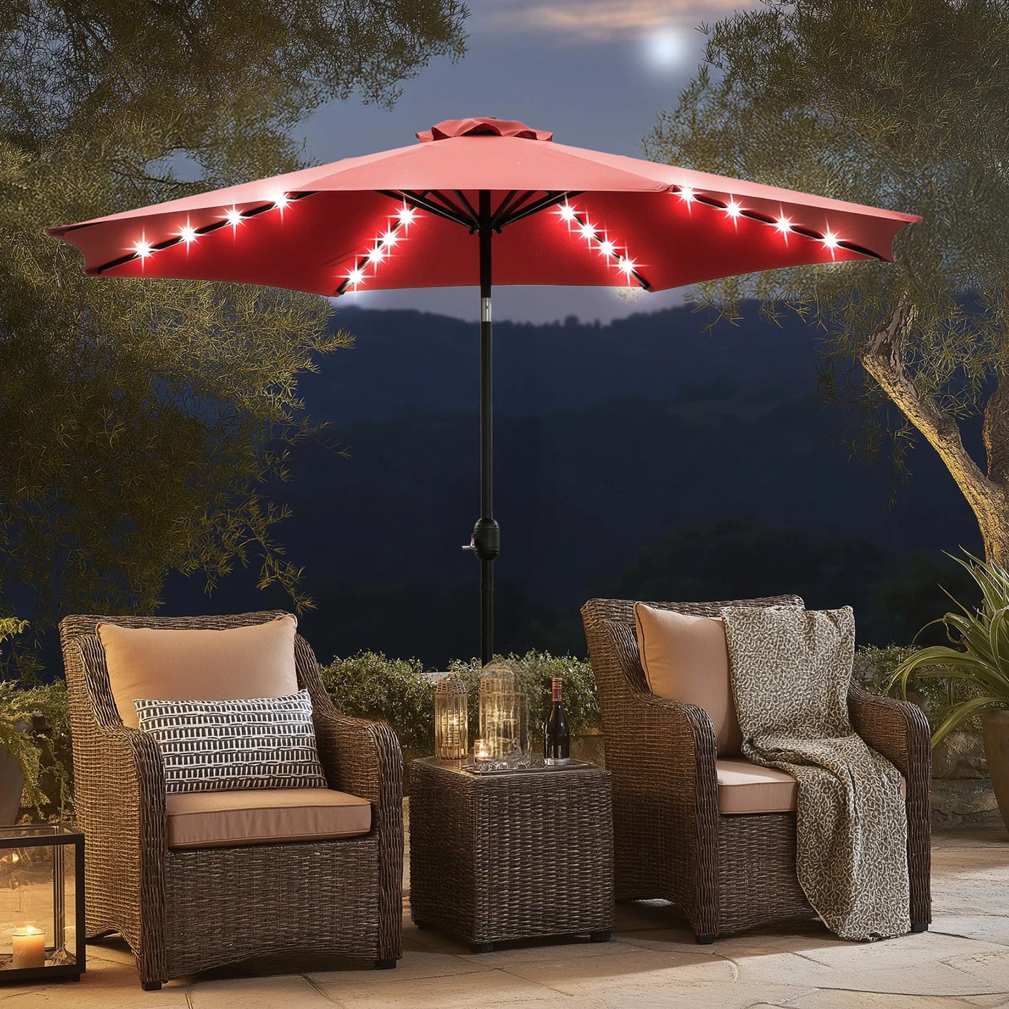 JHK Solar Patio Umbrella With 32 LED Lights UV-Resistant Outdoor