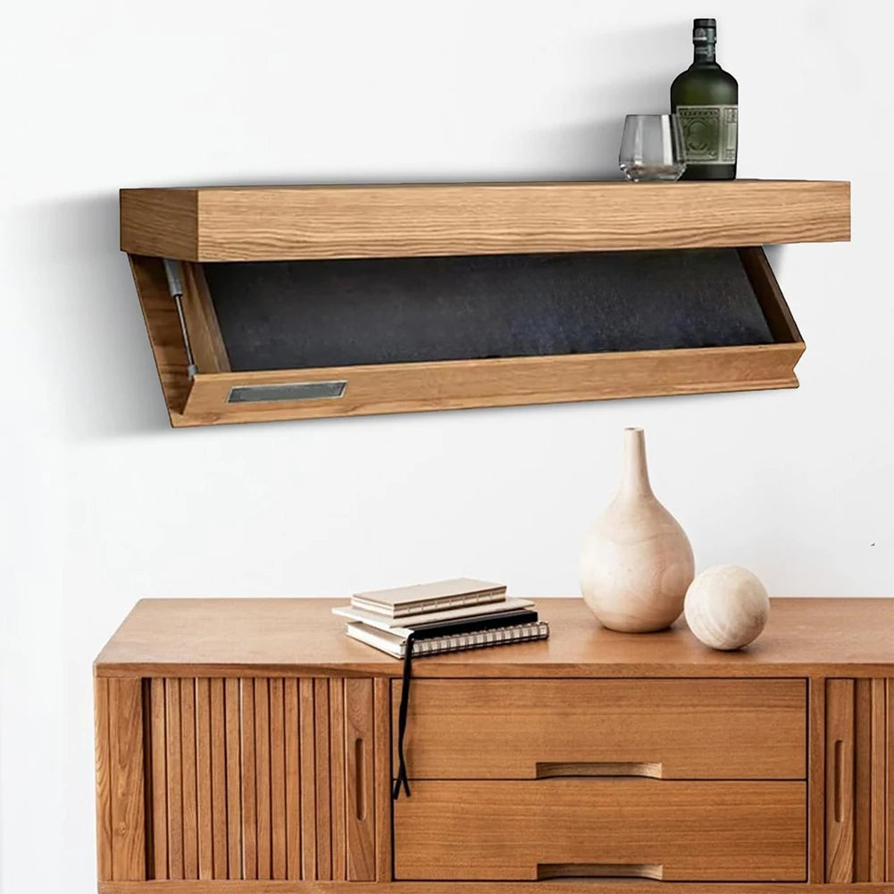 Wooden Flap Shelf With Concealed Secret Compartment Wall Mounted