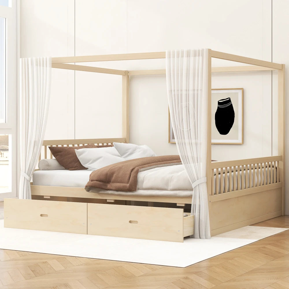 Wooden Canopy Bed With Builtin Storage Drawers For Bedroom
