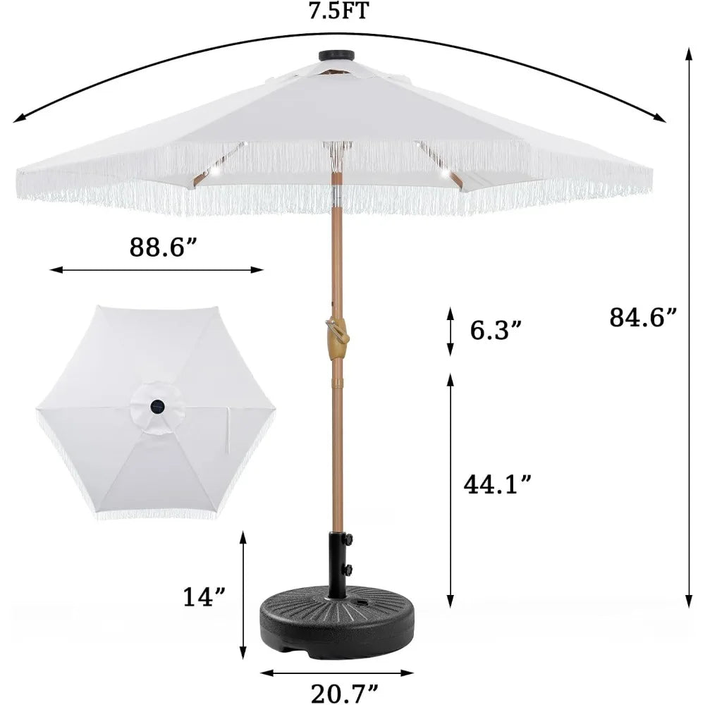 Fringe Patio Umbrella With Base And 18 LED Solar Lights