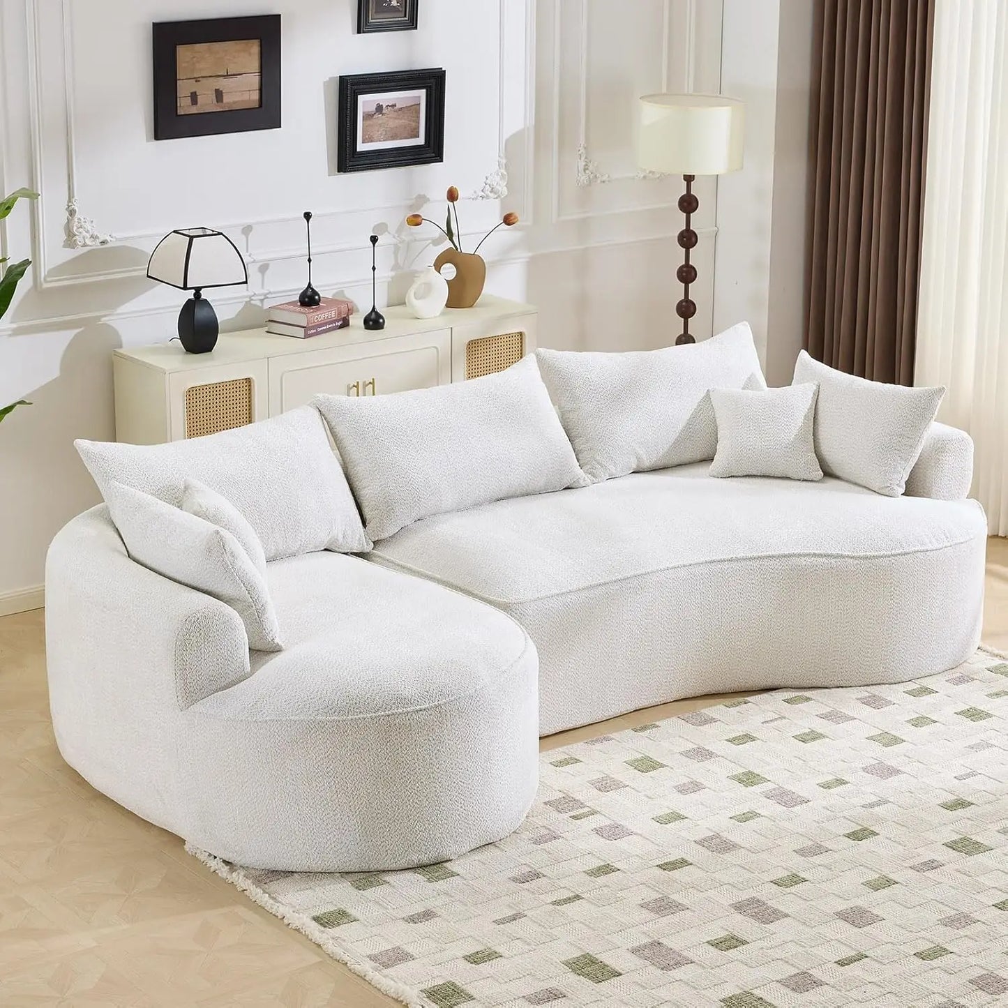Oversized L Shaped Sectional Sofa With Curved Seat And Pillows