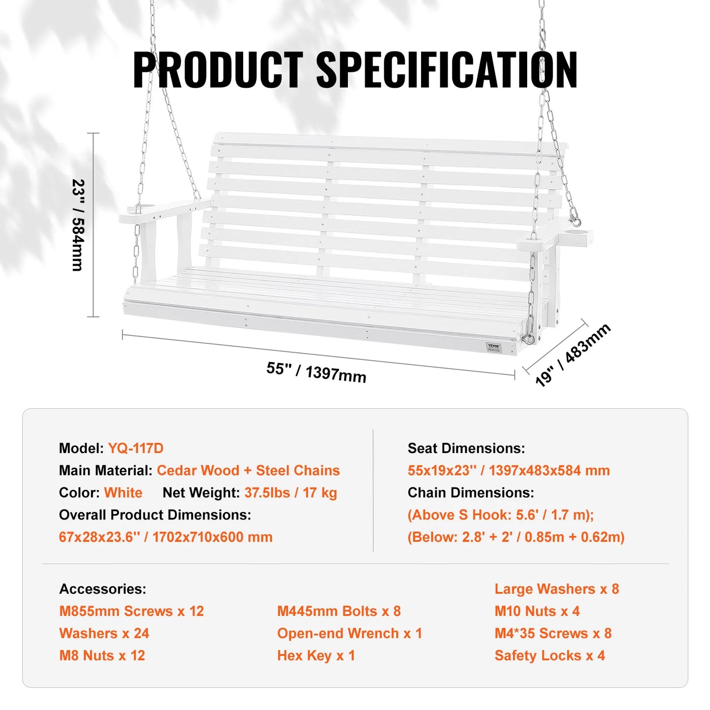 SucceBuy Cedar Wood Porch Swing With Steel Chains For Outdoor Patio