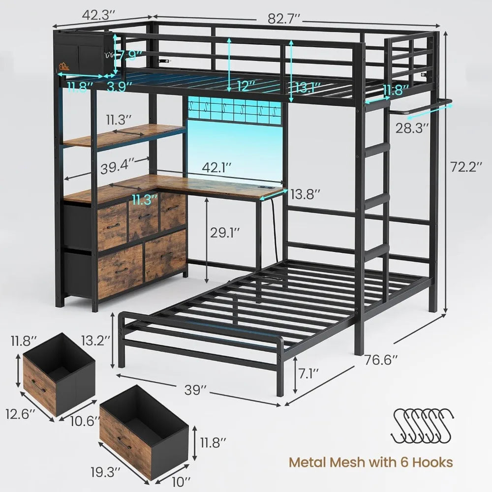 Metal Bunk Bed With L Shaped Desk And LED Lights