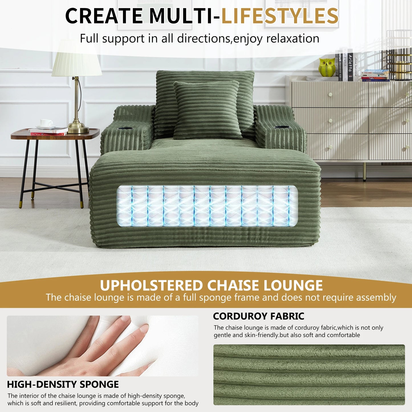 Corduroy Chaise Lounge Chair For Living Room And Bedroom