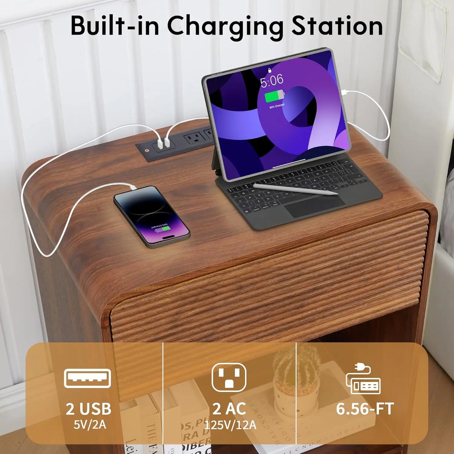 Fluted Nightstand Set Of 2 With Charging Station And Drawer Storage